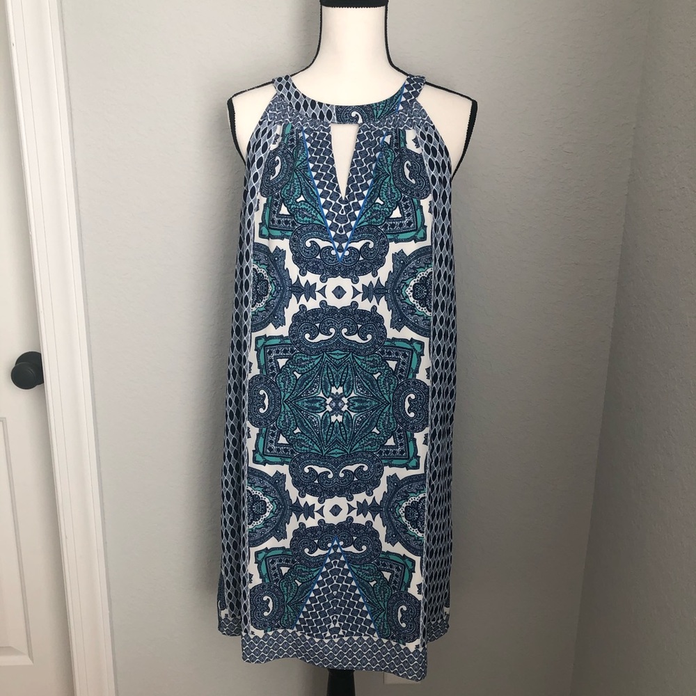 Blue and teal geometric patterned dress